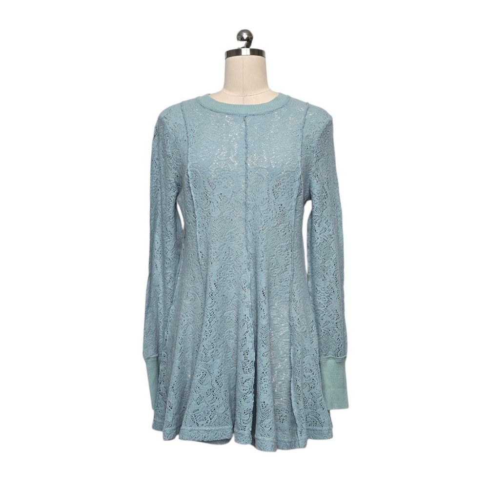 Free People Dusty Blue Floral Lace Long Sleeve Fit & Flare Tunic Dress sz Small